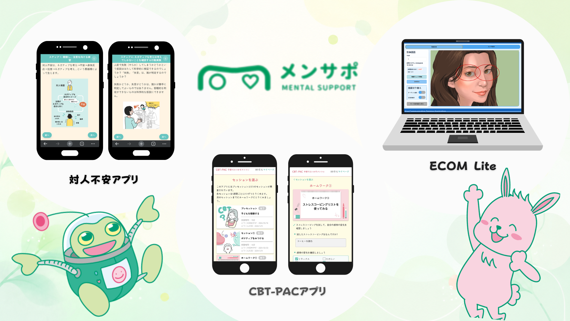 対人不安に対する心理教育アプリ、視線トレーニング装置（ECOM Lite）、子育てに活かすメントレアプリ（CBT-PAC）